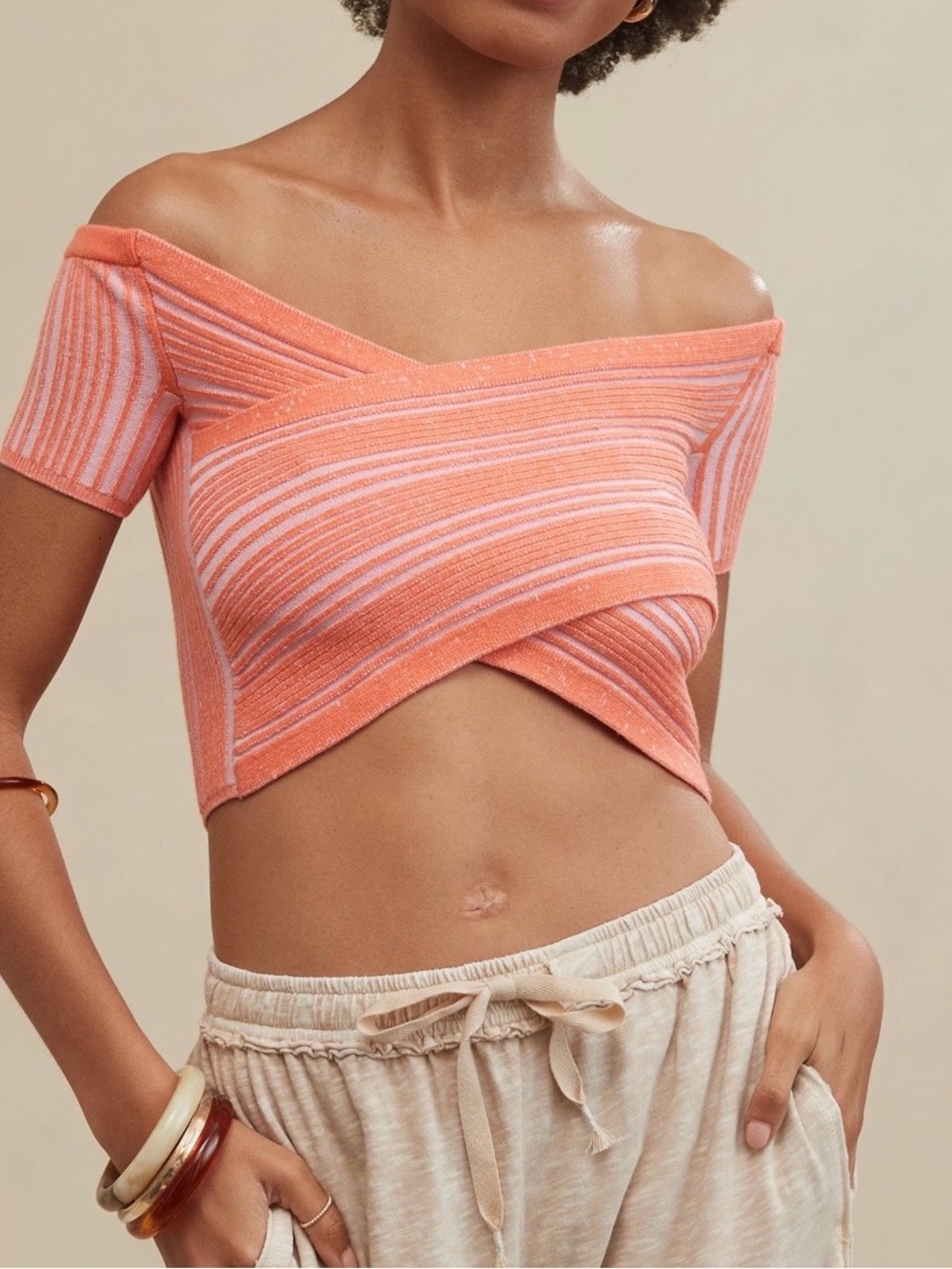 Aerie Off-Shoulder Coral/OrangeWrap Crop Top